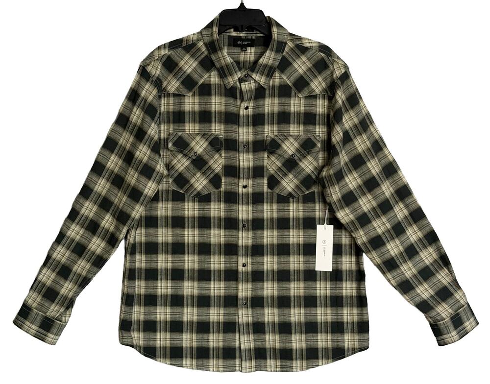 AG Los Angeles Shirt Men's Large Classic Fit Huston Western Charcoal Plaid NWT